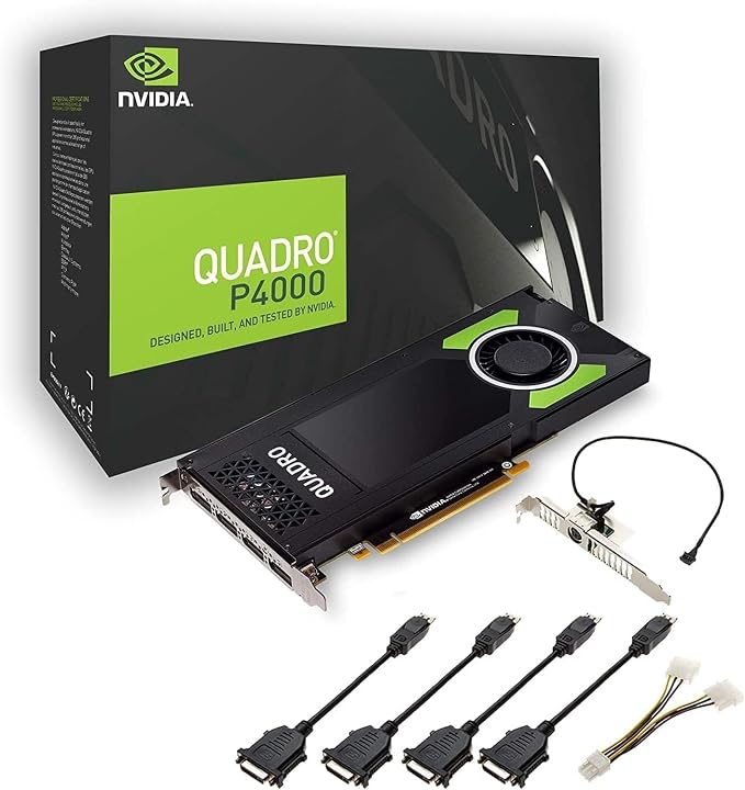 Representative Dell NVIDIA Quadro P4000 graphics card and listed adapters; packaging shown is illustrative