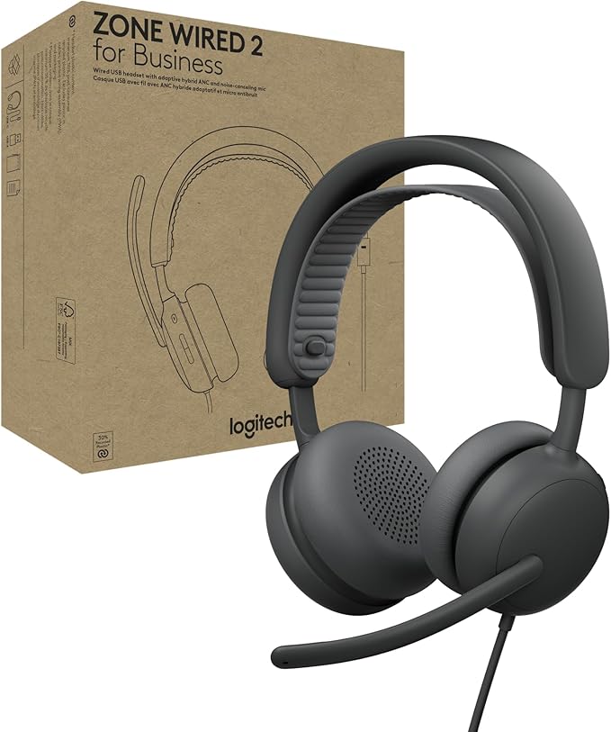 Logitech Zone Wired 2 for Business – Teams USB-C Headset, Graphite (Renewed Excellent)