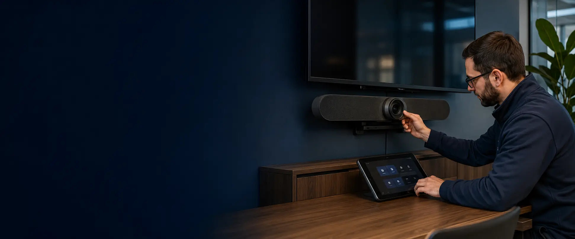 Cybist Audio Visual specialist configuring a room system