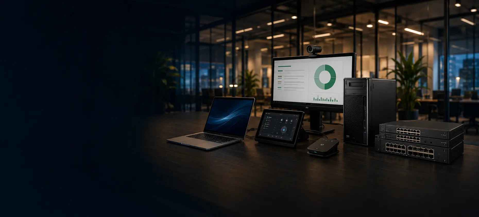 Business laptops, conferencing equipment and networking hardware in a modern workplace