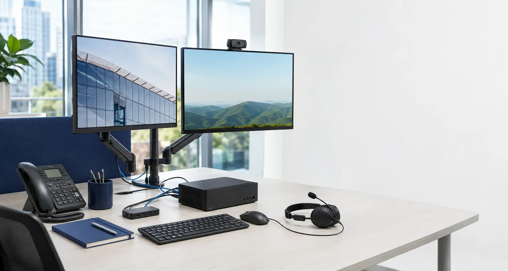 Complete business desk with desktop computer, displays, webcam, headset, keyboard and telephone