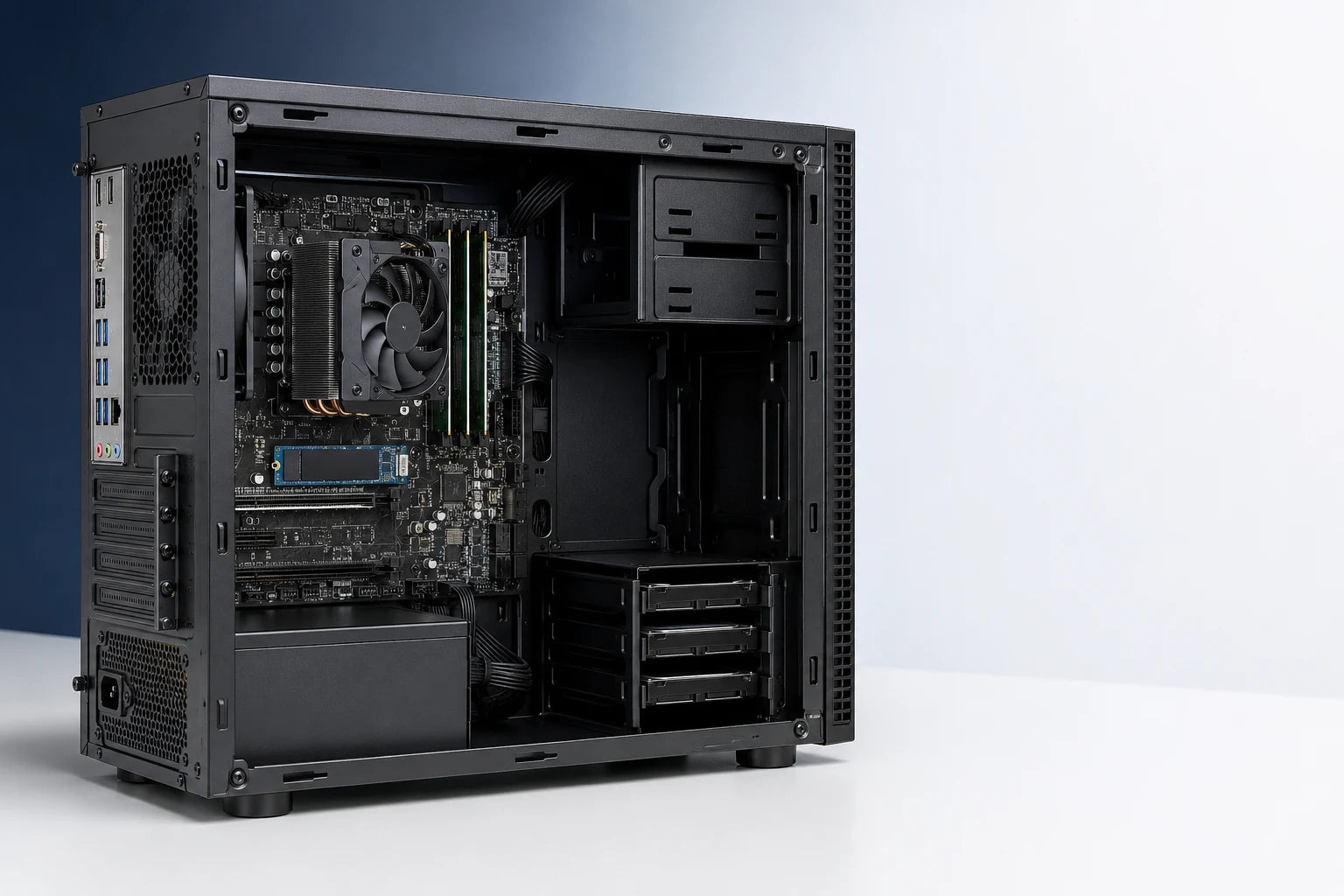 Inside a business desktop showing its serviceable components