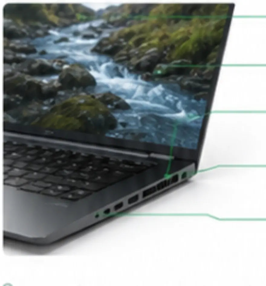 Business laptop with callouts for webcam, display, keyboard, cooling and ports