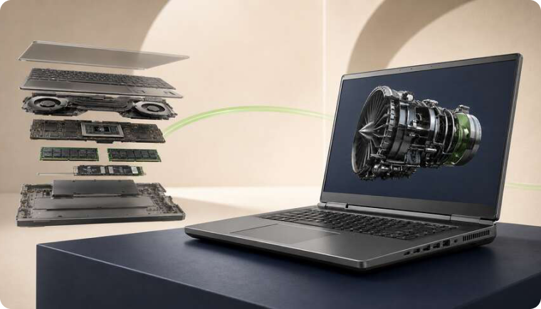 A premium mobile workstation shown both as carefully prepared internal components and as a complete machine running a demanding CAD workload