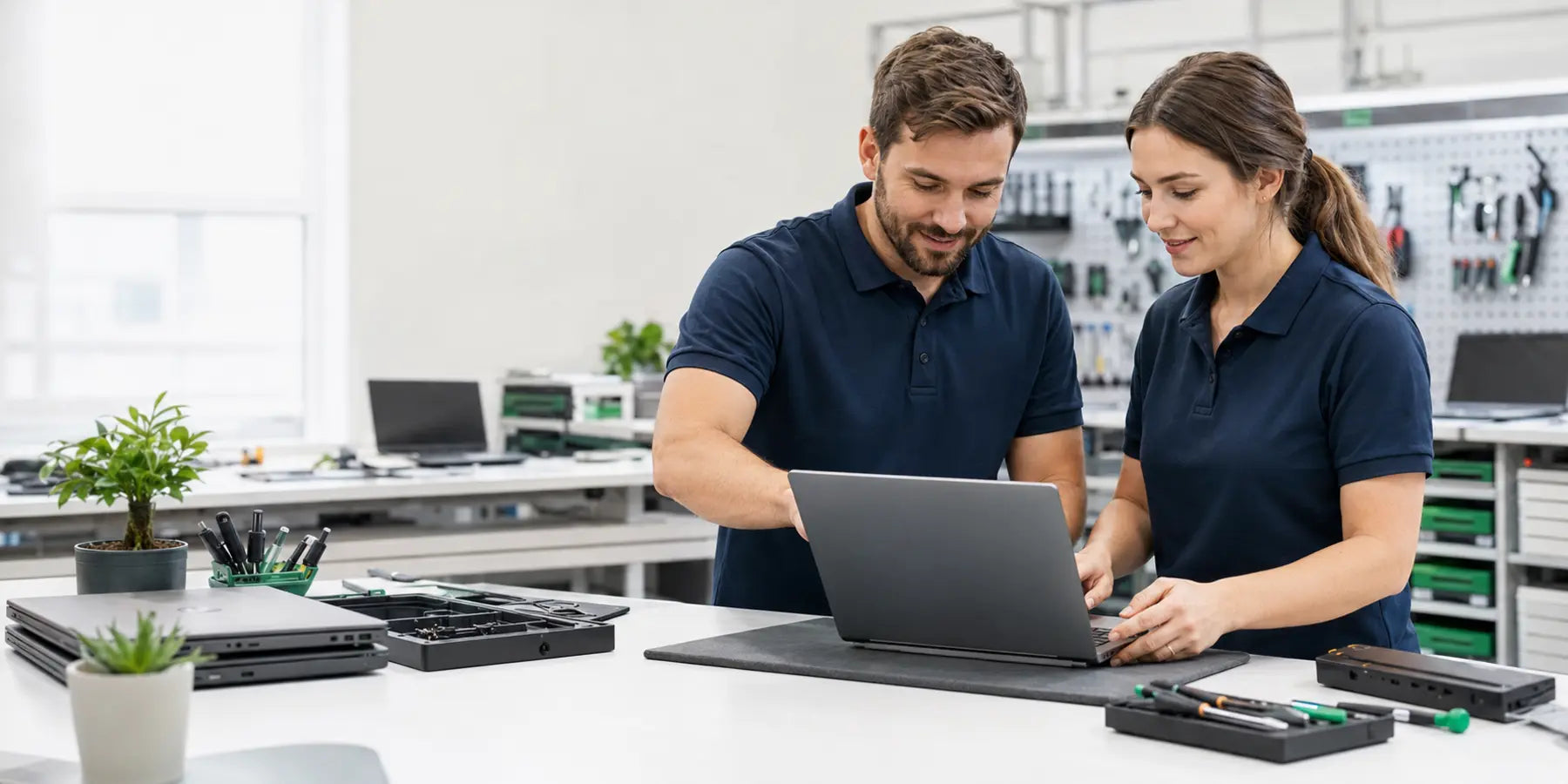 Technology specialists preparing a business laptop